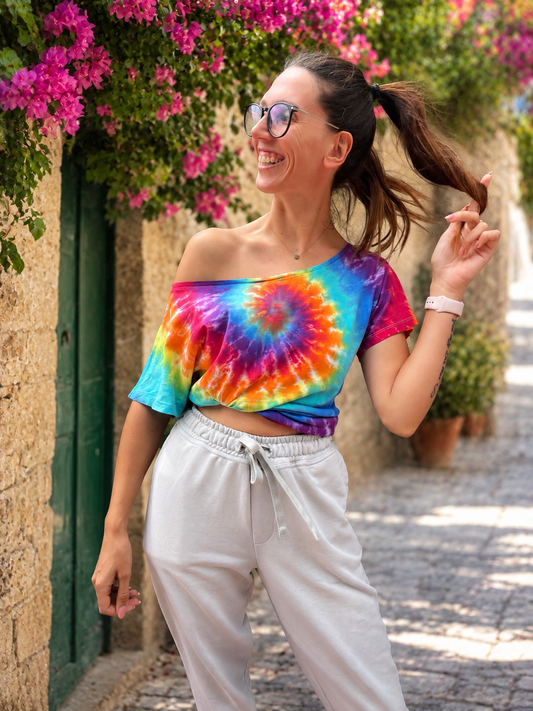 🌈 Rainbow Spiral Off-Shoulder Tie Dye Top 🌈